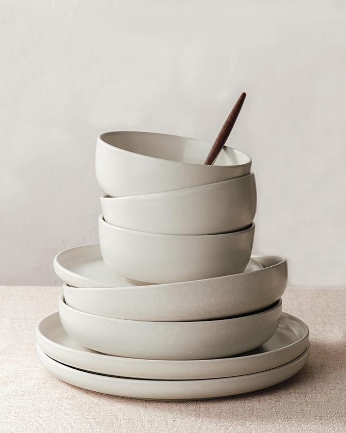 Famiware Milkyway Plates and Bowls Sets, 24 Pieces Dinnerware Sets, Reactive Glaze Dish Set, Stoneware Dishes Set for 8, Matte Beige White