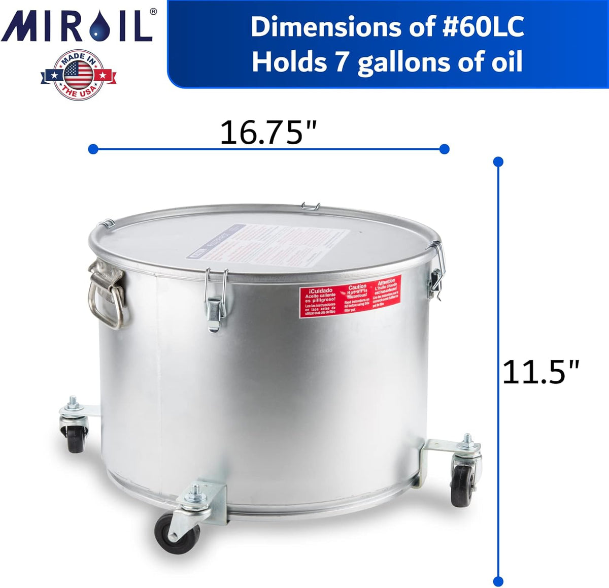 MirOil 7 Gallon Oil Disposal Caddy with Caster Wheels, USA Made Deep Fryer Grease Bucket Pot with Lid Lock & Lock Clip, 55Lb. Frying Oil Disposal Storage Container, Filtering Hot Cooking Grease - 60LC