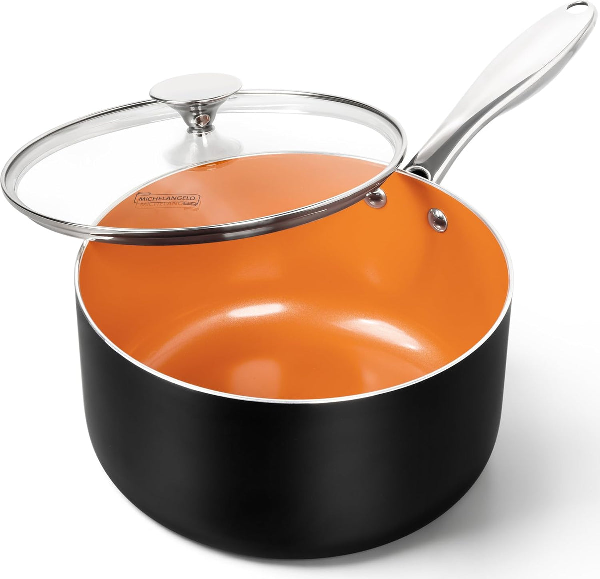 MICHELANGELO 4 Quart Saucepan with Lid - Ultra Nonstick Sauce Pan with Ceramic Coating, 4 Qt Non Stick Pot Induction Compatible, Copper