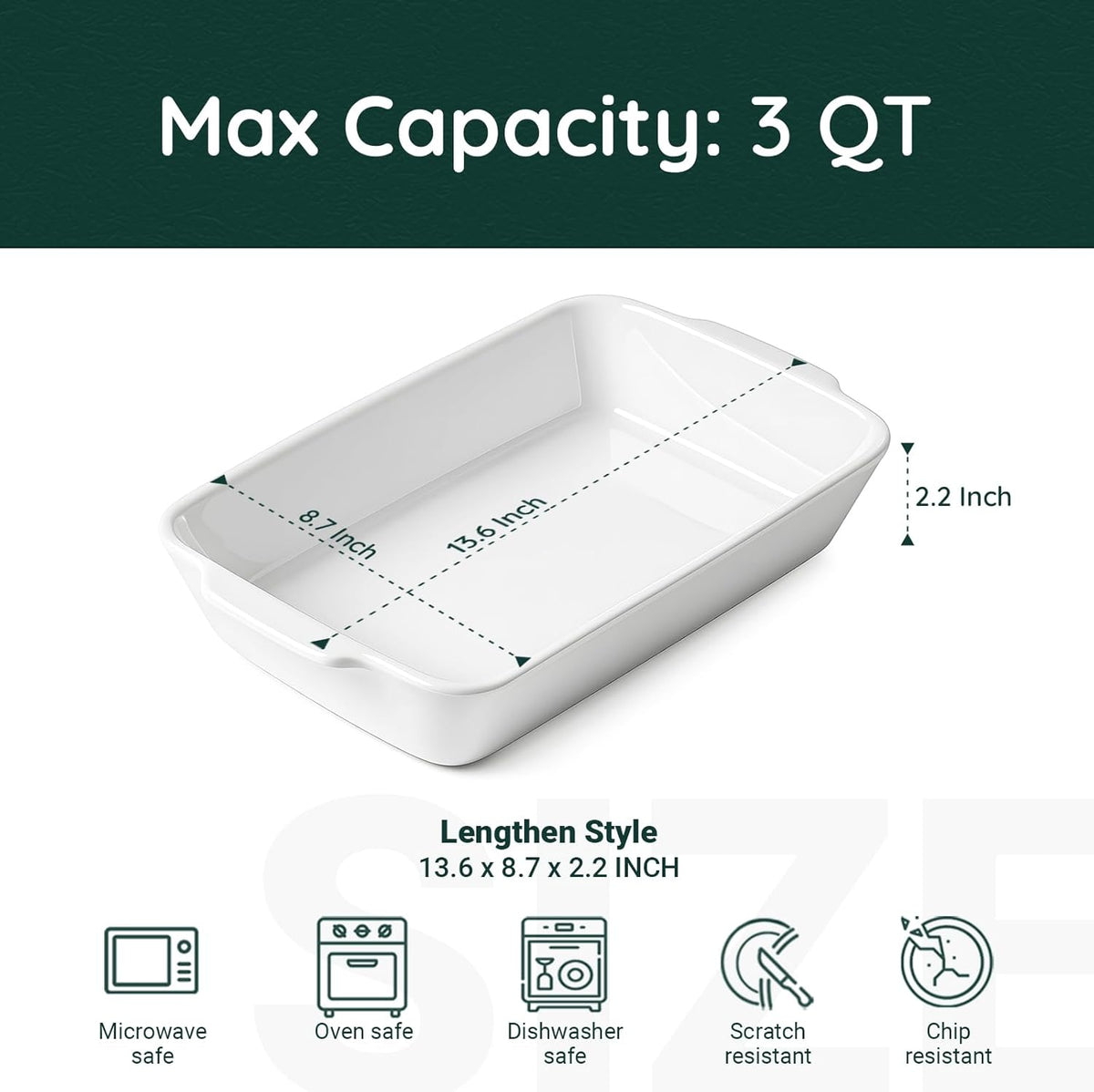 Casserole Dish with Roasting Racks, 3 QT Baking Dish with Handles, White Bakeware, Ceramic Baking Pan, Microwave Oven Safe, Dinner, Wedding (13.6"*8.7")