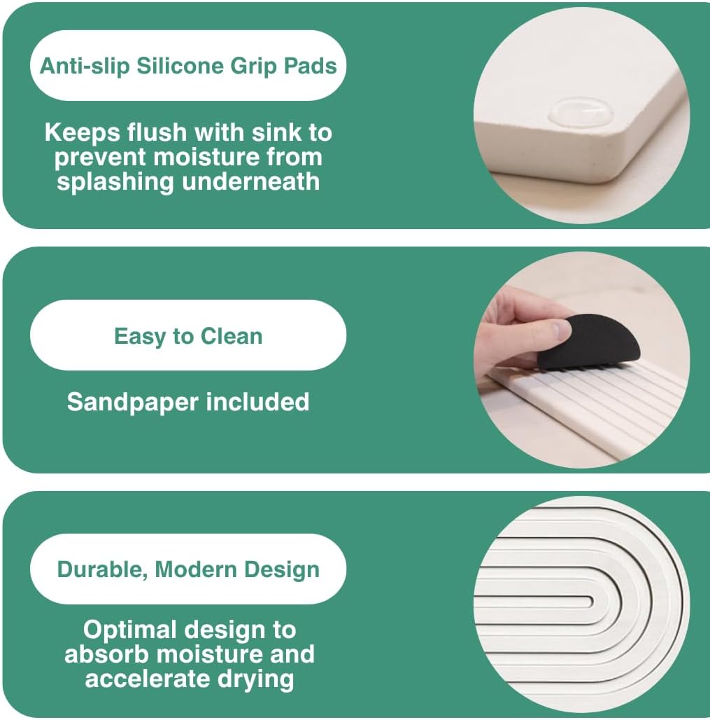 Drying Stone Faucet Mat for Kitchen Sink | Diatomite Sink Tray | Super Absorbent Quick Drying Stone Mat | Kitchen Tray for Counter | Faucet Splash Guard for Bathroom Counter (White, 23.6" x 3.9")