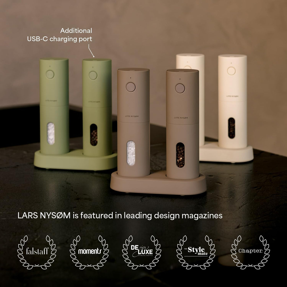 LARS NYSØM Electric Salt and Pepper Grinder Set, USB Rechargeable, Automatic Salt and Pepper Mills, Spice Shakers Refillable with LED Light, Adjustable Coarseness, Ceramic Grinder (Ash Gray)
