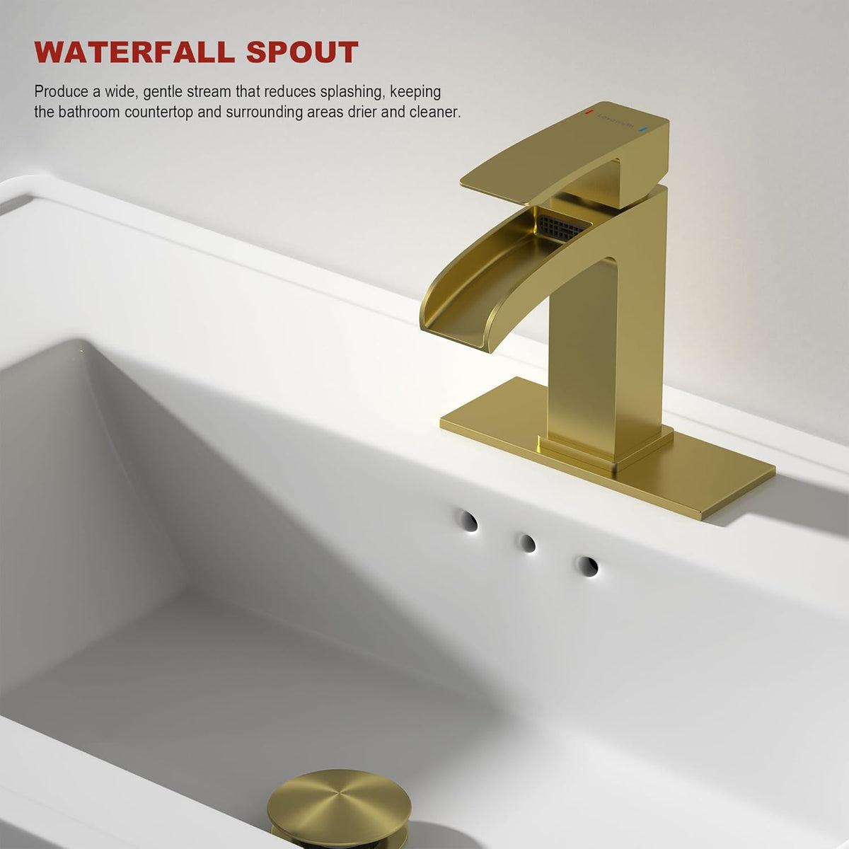 Brushed Gold Bathroom Faucet Waterfall Vanity Faucet for Brass 1 Hole Sink Single Handle Modern Mixer Tap with Pop-up Drain Stopper for Lavatory Farmhouse Rv