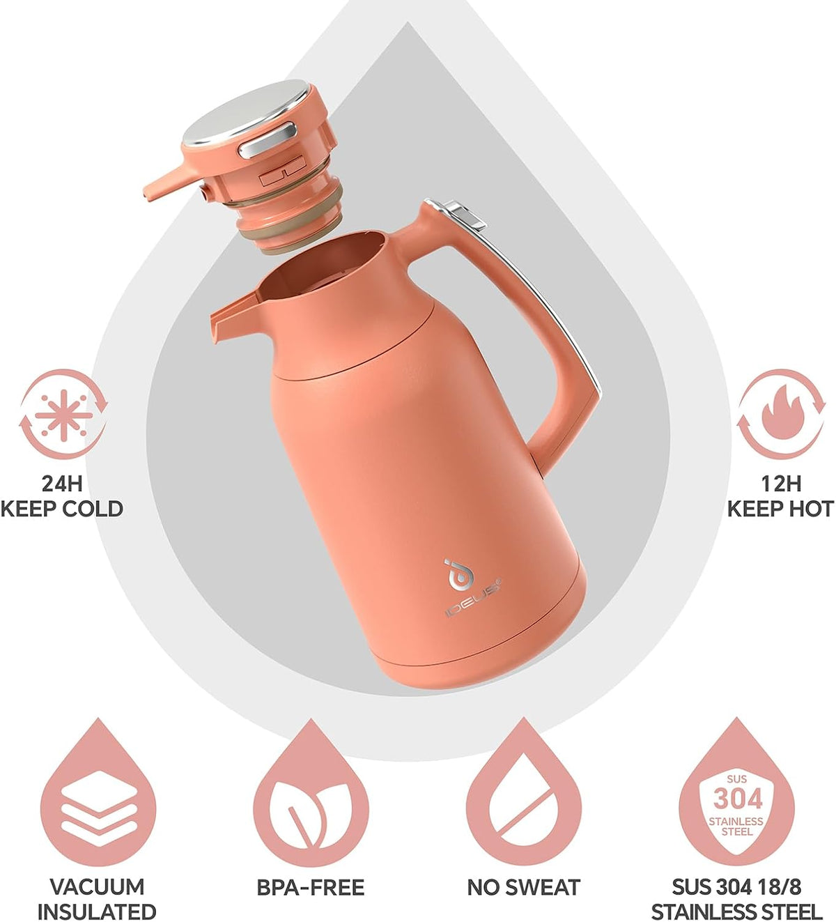 IDEUS Thermal Coffee Carafe 68oz (2,000ml), Stainless Steel Double Wall Insulated Vacuum Flask, Water Jug Coffee Server and Beverage Dispenser, Heat and Cold Retention (Coral, 68oz (2,000ml))