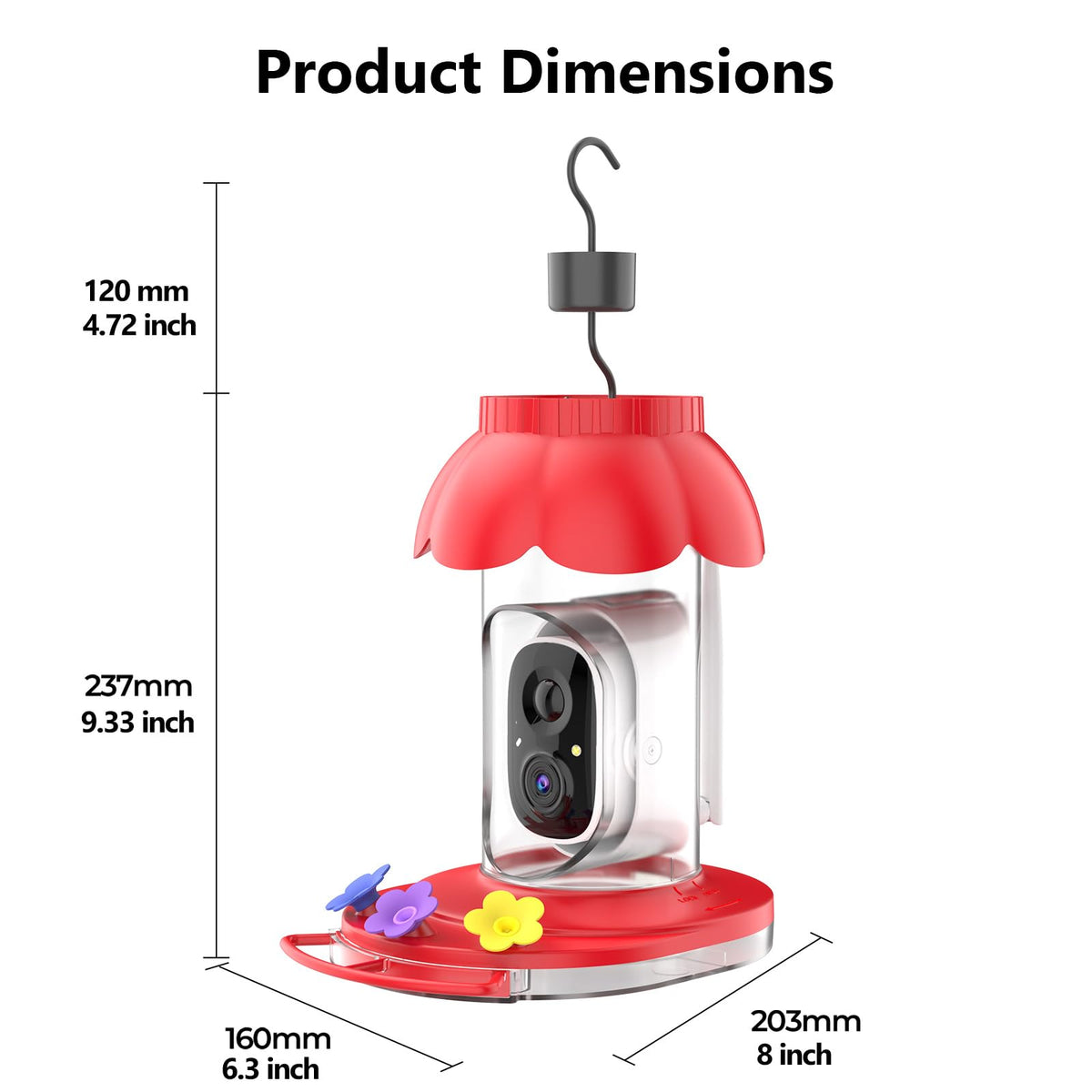 Smart Hummingbird Feeder with Camera Solar Powered, 2K Live View Humming Bird Watching Camera, AI Identify, Instant Notifications, Ant and Bee Proof, 3 Color Feeding Ports,Hanging on Porch Patio