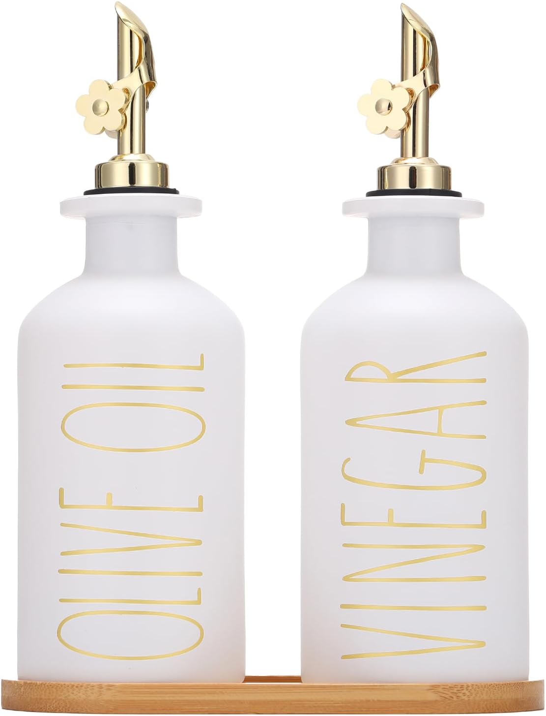 HOMCDALY Premium Olive Oil Dispenser for Kitchen, 11.8oz Glass Oil Bottles with Bamboo Tray, White and Gold Oil&Vinegar Cruet Set, Kitchen Dispenser Bottles with Pourer| Set of 2 (11.8oz –P–Gold)