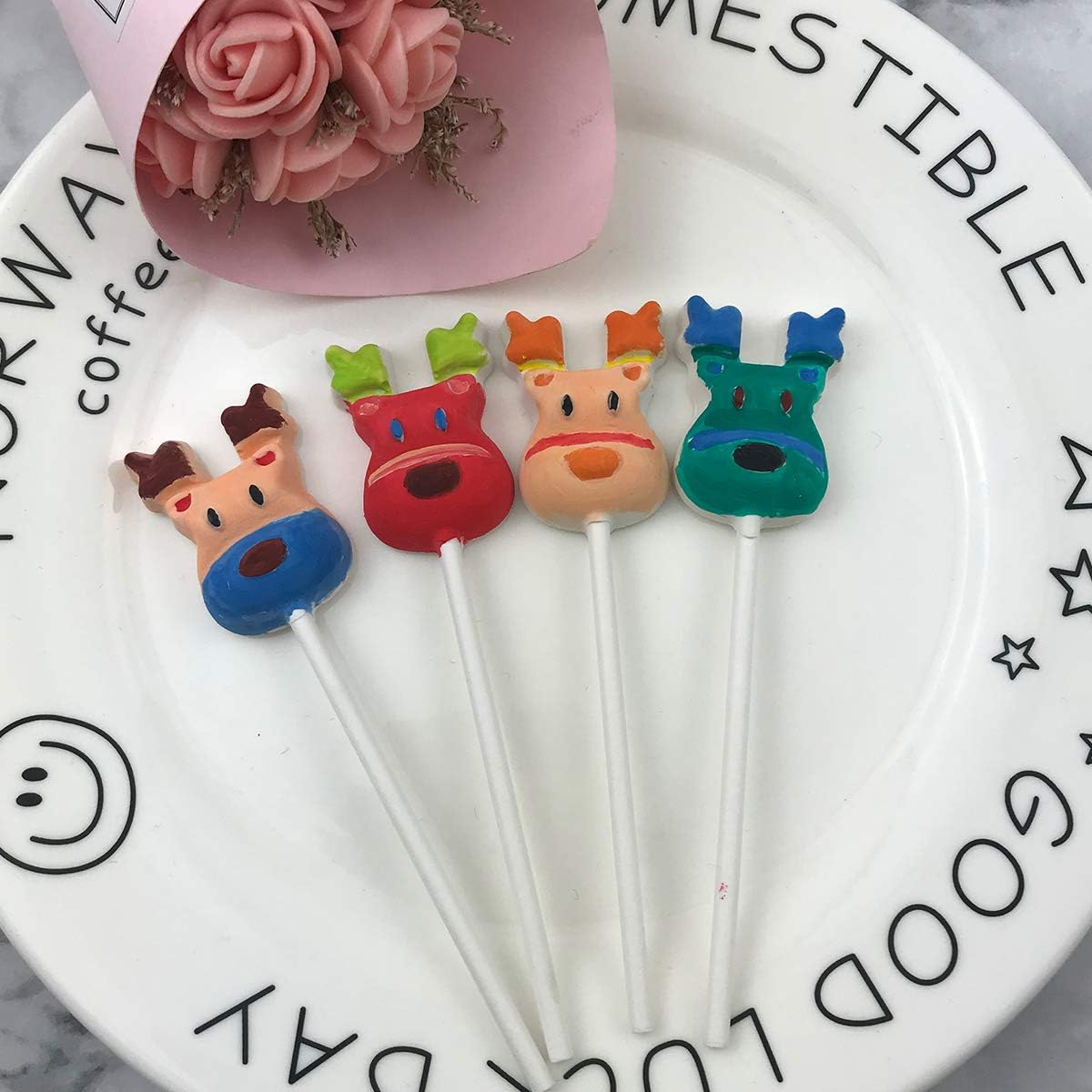 12 Capacity Silicone Deer Lollipop Mold Set, Sucker Molds and Chocolate Hard Candy Mold with 50pcs Lollipop Sucker Sticks, Candy Treat Bags, Gold Ties. (Deer)