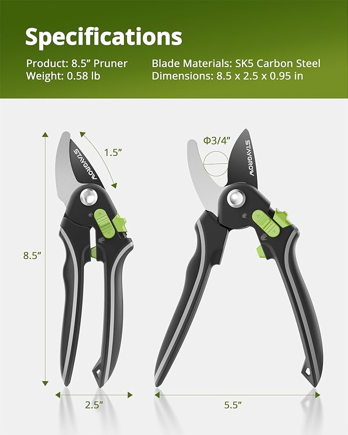 Pruning Shears for Gardening - 8.5" SK5 Garden Shears Cuts 10000+ Times Staying Sharp - Garden Scissors with One-handed Unlocking & Adjustable Handle- Garden Clippers Gardening Tools for Men Women