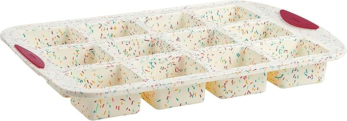 Trudeau Brownie Pan – White Confetti/Fuchsia, 12 Cavity Nonstick Bakeware for Brownies, Mini Cakes, Muffins, Dessert Bars, Easy Release, Dishwasher Safe