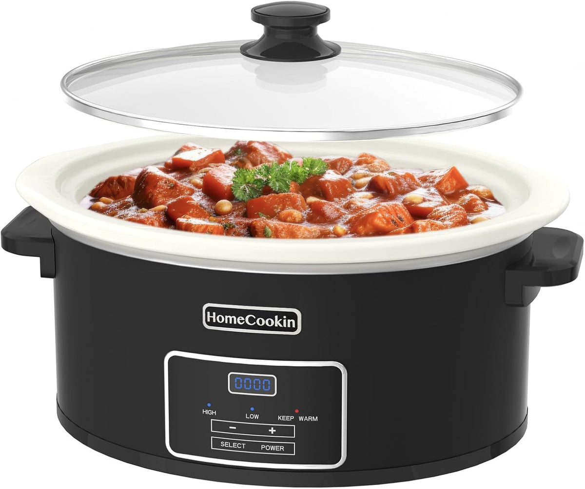HOMECOOKIN 7-Quart Programmable Slow Cooker with Timer Keep Warm - Small Kitchen Appliance for Family Dinners - Serves 6+ People (Black)