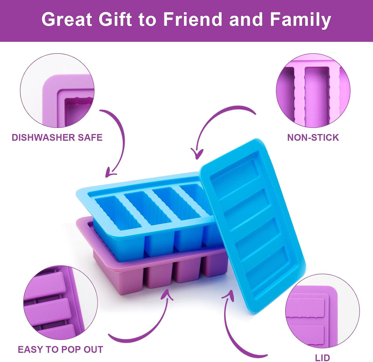2 Packs Silicone Butter Mold, Butter Tray with Lid, Large Butter Maker with Silicone Spatula, Rectangle Container for Homemade Herbed Garlic Butter Brownies Soap Bar Energy Bar