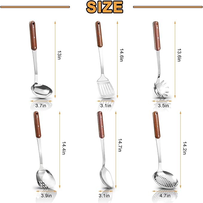 FJNATINH Stainless Steel Cooking Utensils Set, Mirror Polished 6 Pieces Kitchen Utensils Set, Kitchen Tools Set With Wooden Handle Non-Stick Heat Resistant,Dishwasher Safe, Easy to Clean