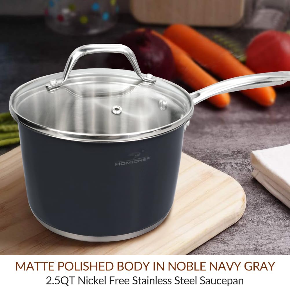 HOMICHEF Matte Polished NICKEL FREE Stainless Steel 2.5 QT Sauce Pan with Glass Lid (No Toxic Non Stick Coating) - Navy Gray Non Toxic Stainless Steel Induction Saucepan with Lid