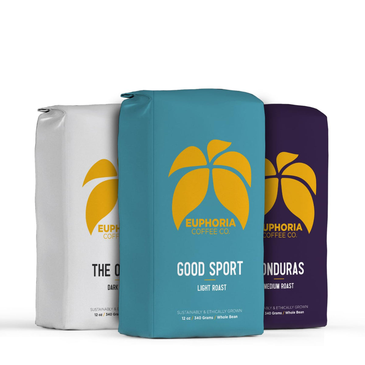 EUPHORIA COFFEE CO. Whole Bean Variety Pack with Good Sport Light Roast, Honduras Medium Roast, and The Office Dark Roast | 12oz Bag (3 Pack)