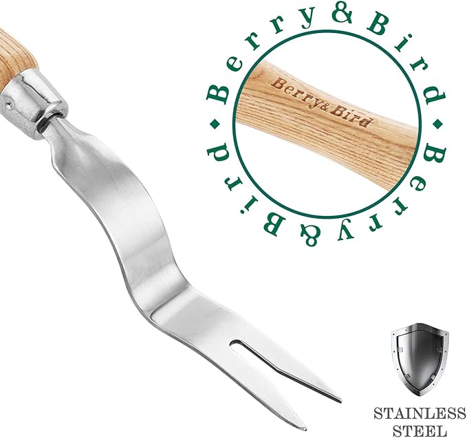 Berry&Bird Hand Weeder Tool, Stainless Steel Gardening Weed Puller, 12.1" Manual Weeding Removal Cutter Tool with Ash Wood Handle for Planting, Weeding, Flower & Vegetable Care in Garden Lawn Yard