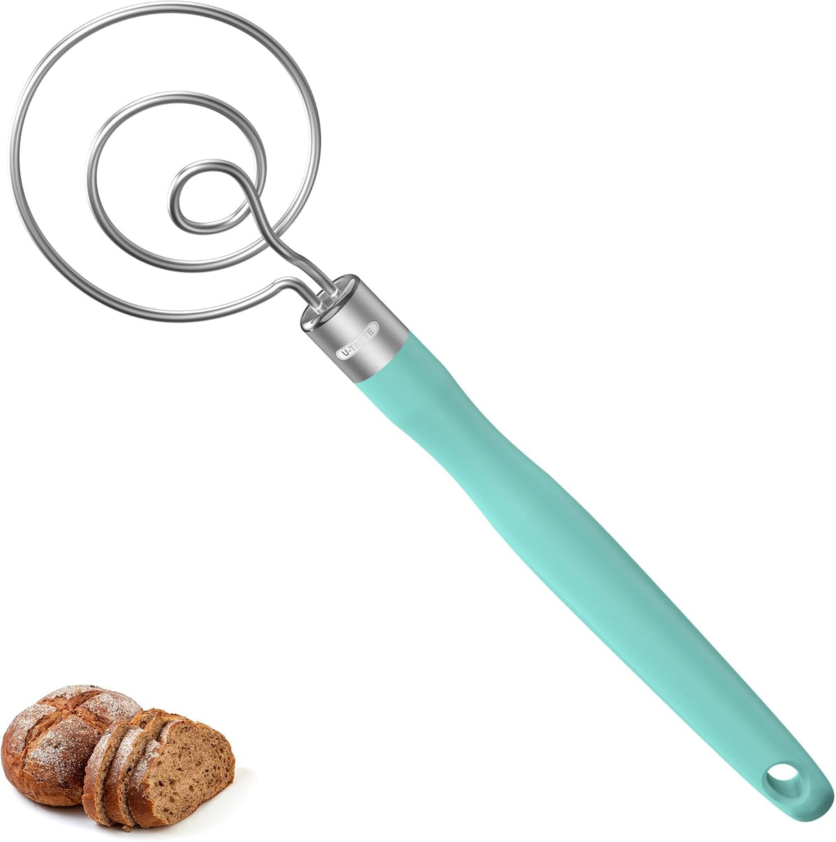 U-Taste 12.6in Danish Dough Whisk: 18/8 Stainless Steel Heavy-Duty Sourdough Mixer Tool, Food Grade Dutch Style Seamless Bread Wisk, Sturdy for Mixing, Stirring, Kneading Thick Batter (Aqua Sky)