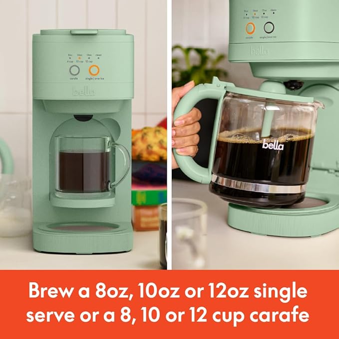 BELLA VersaBrew 2-in1 Coffee Maker, K-Cup compatible, Brew 3 Sizes Carafes & Single Serve Cups, Dishwasher Safe Reusable Filter & Filter Holder, Iced Coffee Function, 60oz Tank, Seaglass