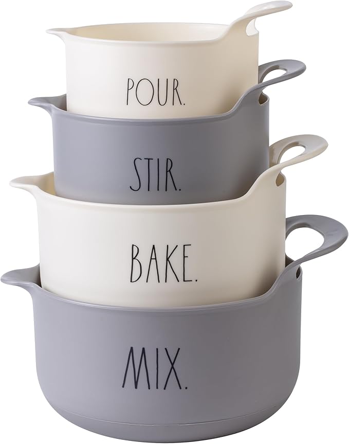 Rae Dunn Non-Slip Mixing Bowls - 4 Piece Nesting Plastic Mixing Bowl Set with Pour Spouts and Handles-Measurement Markings (Grey)