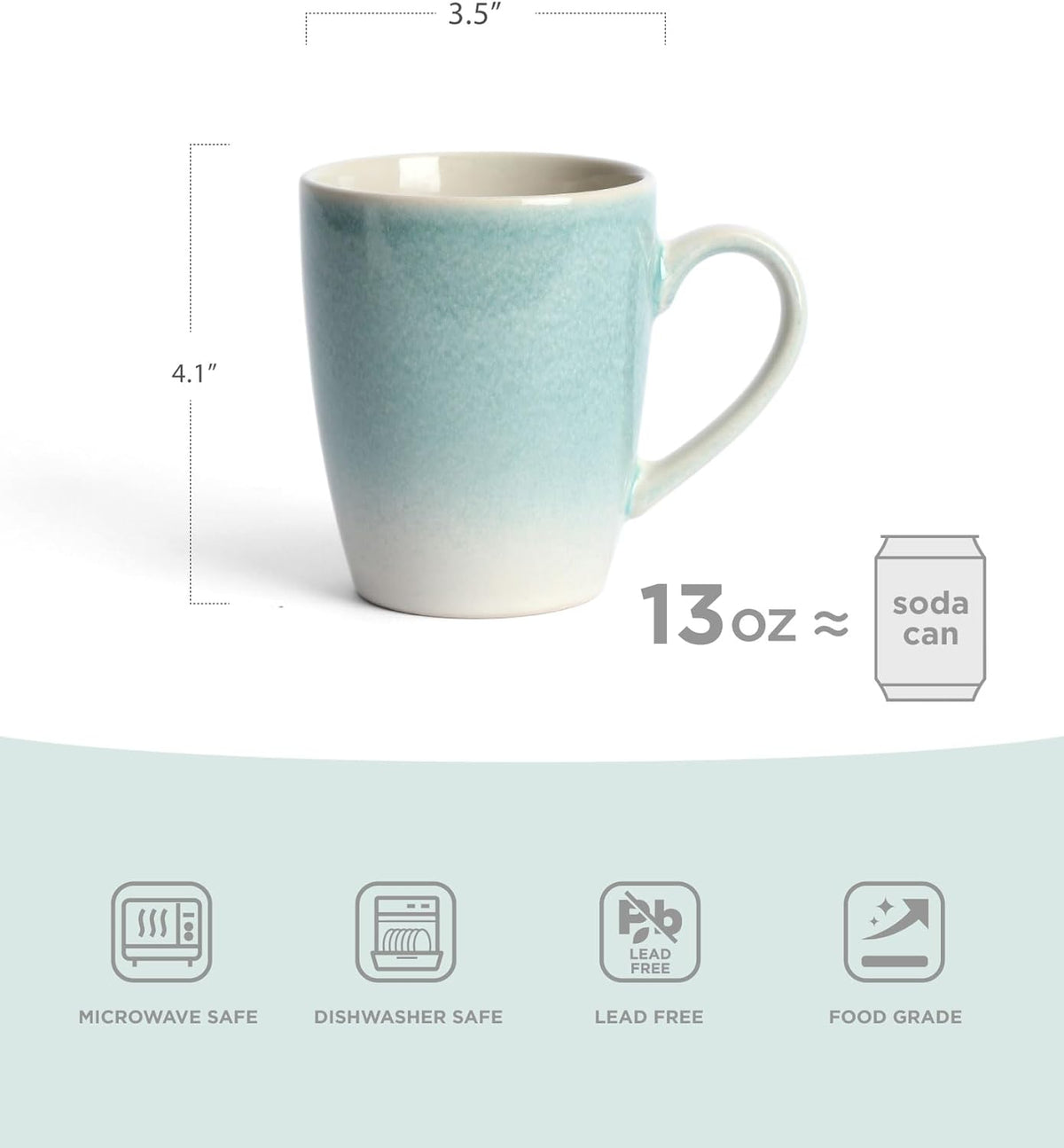 famiware Coffee Mugs Set, 13 oz Mug Set of 6, Stoneware Cups for Latte, Hot Tea, Mocha, Cocoa, Cappuccino, Microwave and Dishwasher Safe, Glacier Series, Aqua