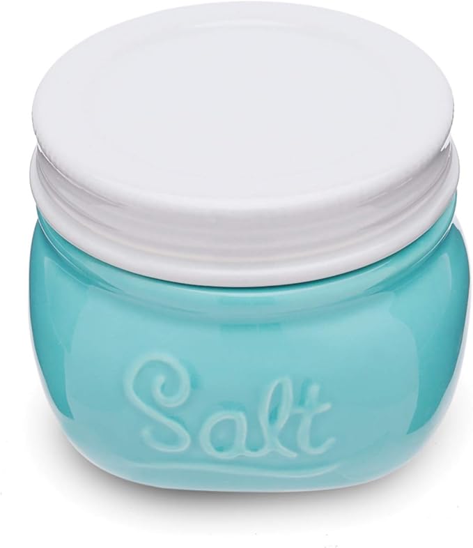 Fox Run Vintage Style Mason Jar Salt Cellar, Blue Ceramic with White Lid, 1 Cup Capacity