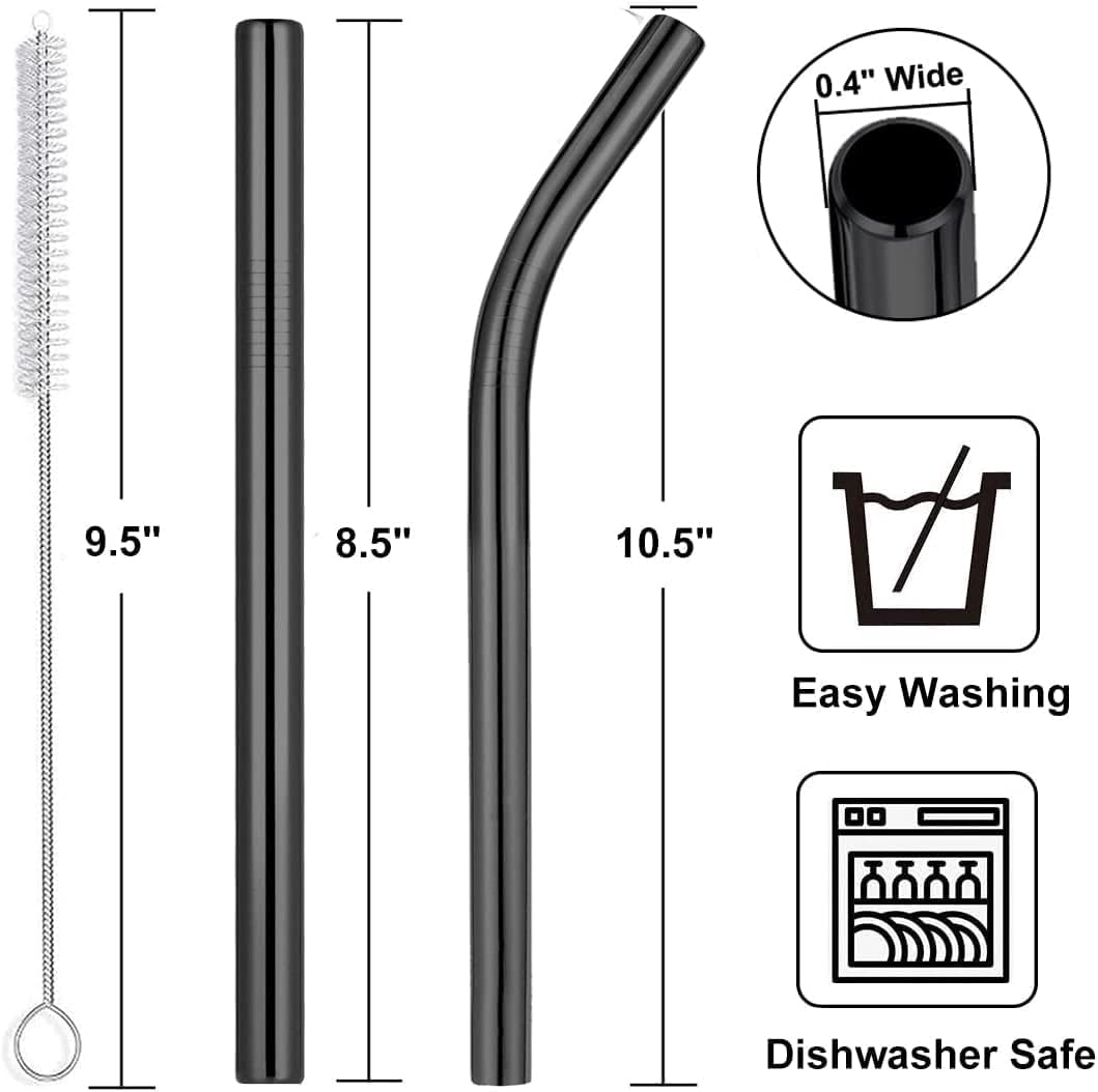 Vinaco Reusable Smoothie Straws & Milkshake Straws 0.4" Wide Mouth Straw, Set of 6 Stainless Steel Straws 8.5"&10.5" with 1 Long Straw Cleaner Brush，Black Metal Straws for Jumbo Thicker Drinks