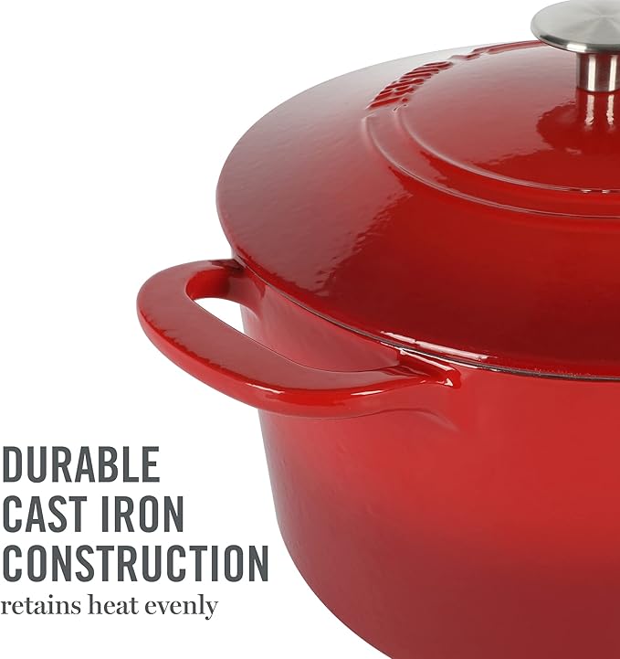 MARTHA STEWART Gatwick 7-Quart Enamel Cast Iron Dutch Oven – Red Ombre – Heavy-Duty Dutch Oven for Slow Cooking, Braising & Baking