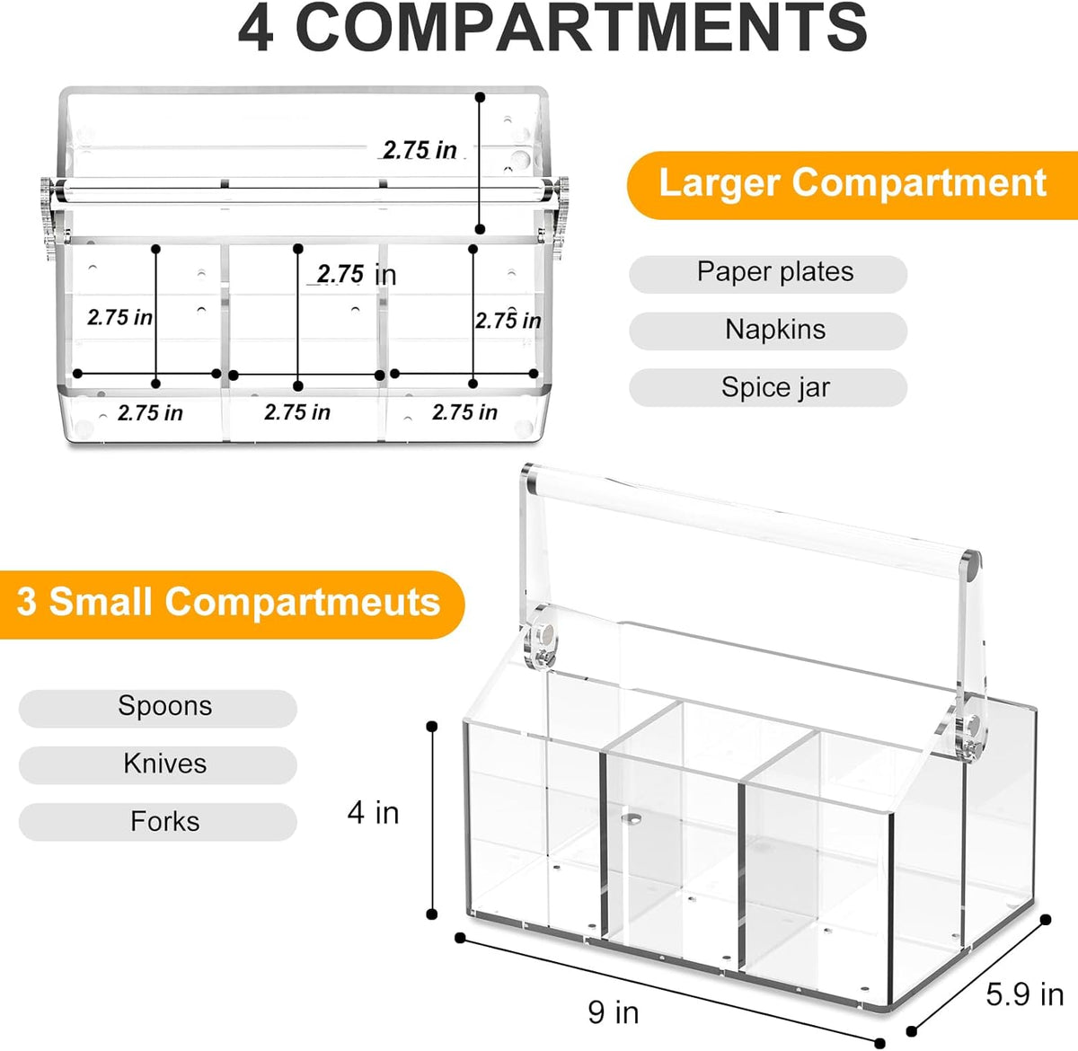 Acrylic Utensil Caddy.Silverware Organizer & Utensil Holder-Heavy-Duty Countertop Cutlery Caddy for Spoons, Forks, Knives, Napkins, Plates | Space-Saving Table, Buffet, Picnic Party Essential