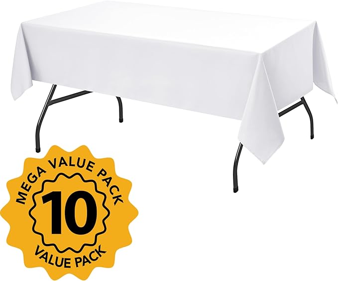 10-Pack White Tablecloths for Rectangle Tables, 60 x 84 Inches, Stain-Resistant Polyester Fabric for 4 Foot Tables - Washable Table Covers for Weddings, Banquets, Birthday Parties, Events