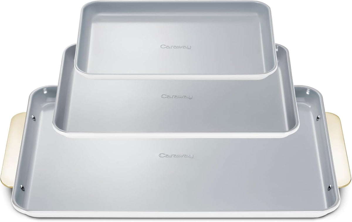 Caraway Non-Stick Ceramic Baking Sheet Trio - Naturally Slick Ceramic Coating - Non-Toxic, PTFE & PFOA Free - 18 x 13" Large, 15 x 10" Medium, & 9" x 13" Small - White