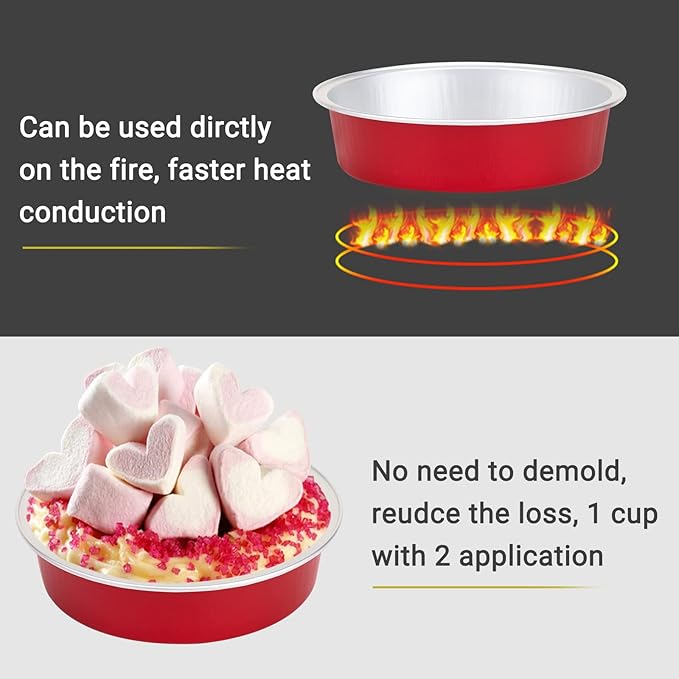 Beasea Disposable Mini Pie Tins with Lids, 50 Pack 4” 8oz Bright Red Aluminum Baking Foil Tins Small Round Tart Container for Individual Dessert Cupcake Muffin Cheesecake Ramekin Quiche Oven Dishes