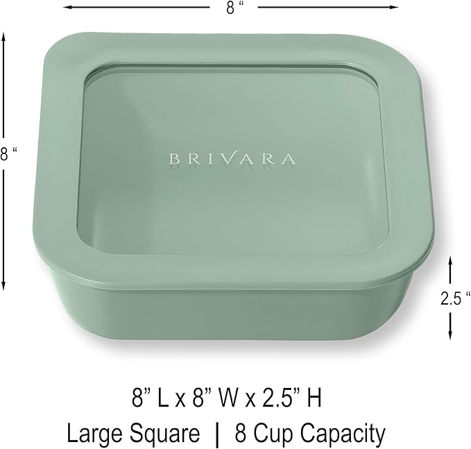 Ceramic Coated Glass Food Storage Container | No PTFE, PFOA, PFAS, and BPA | Reusable Non Toxic Meal Prep Container with Glass Lid | Easy To Store | 8 Cup Square [Willow]