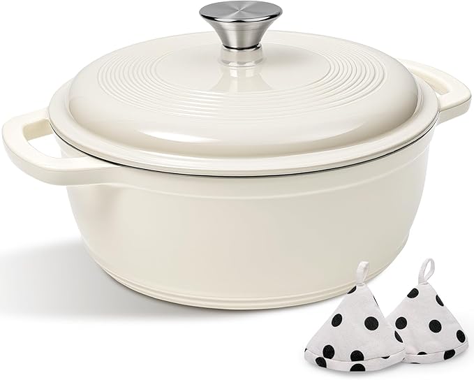 Enameled Cast Iron Dutch Oven Pot With Lid - AIVIKI 5QT Dutch Oven for Bread Baking With Cotton Potholders - Heavy-Duty Cookware for Braising, Stew, Roasting, Oven Safe up to 500°F, Cream White