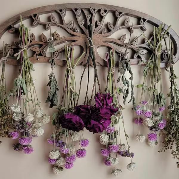 Rustic Herb Drying Rack Hanging - Artistic Life Tree Design for Kitchen Witches & Gardeners - Holds 11 Bouquets - Saving Space Herb & Flower Dryer - Gift for Crafters - Wall Art Décor