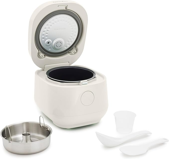 GreenPan Rice Cooker, 8 Cups Cooked (4 Uncooked), Low-Carb & Soup Mode,10 ONE-TOUCH Cooking Presets, PFAS-Free Ceramic Steamer Basket, Fuzzy Logic, Auto Keep Warm, Oats, 24HR Delay Timer, Cream