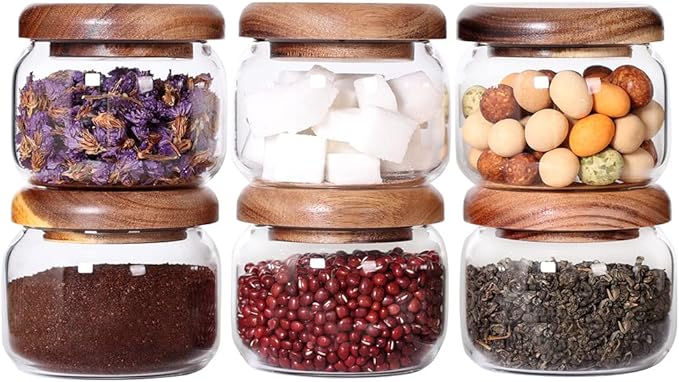 SAIOOL Kitchen Canisters Set of 6-8.5oz Glass Spice Jars With Acacia Airtight Lid and Labels Round Spice Bottles for kitchen Seasoning Baby Food Kids Snacks Meal Prep Containers Candle
