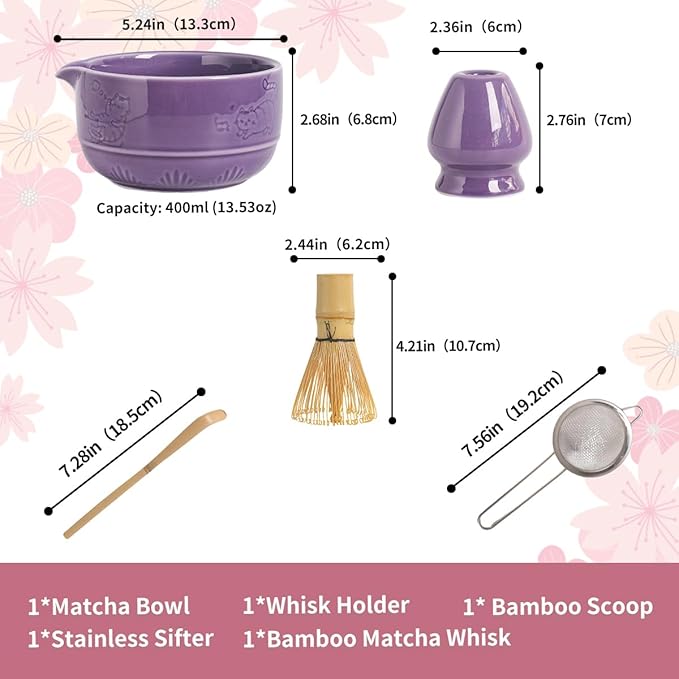 Matcha Tea Set, 5-Piece Ceramic Matcha Bowl & Whisk Kit with Cute Cat Pattern, Traditional Japanese Chawan, Scoop & Sifter, Perfect for Tea Ceremony, Gift for & Tea Lovers (Purple;)
