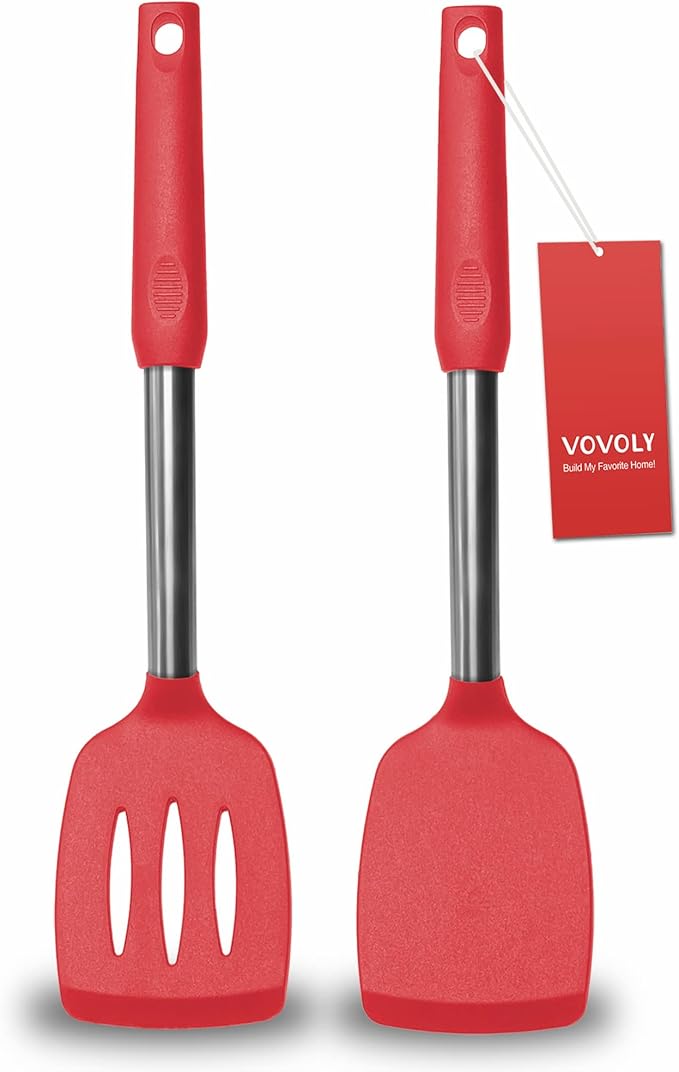 2 Pack Spatulas, Solid & Slotted Silicone Spatula Set, Stainless Steel Handle Coated with Silicone, Non Stick Turners, Heat Resistant Rubber Spatulas for Fish, Eggs, Pancakes, WOK, Red