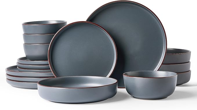 Famiware Mercury Dinnerware Sets with Pasta Bowls, Service for 4 (16 Pieces), Plates and Bowls Sets, Microwave and Dishwasher Safe Dishes Set, Charcoal