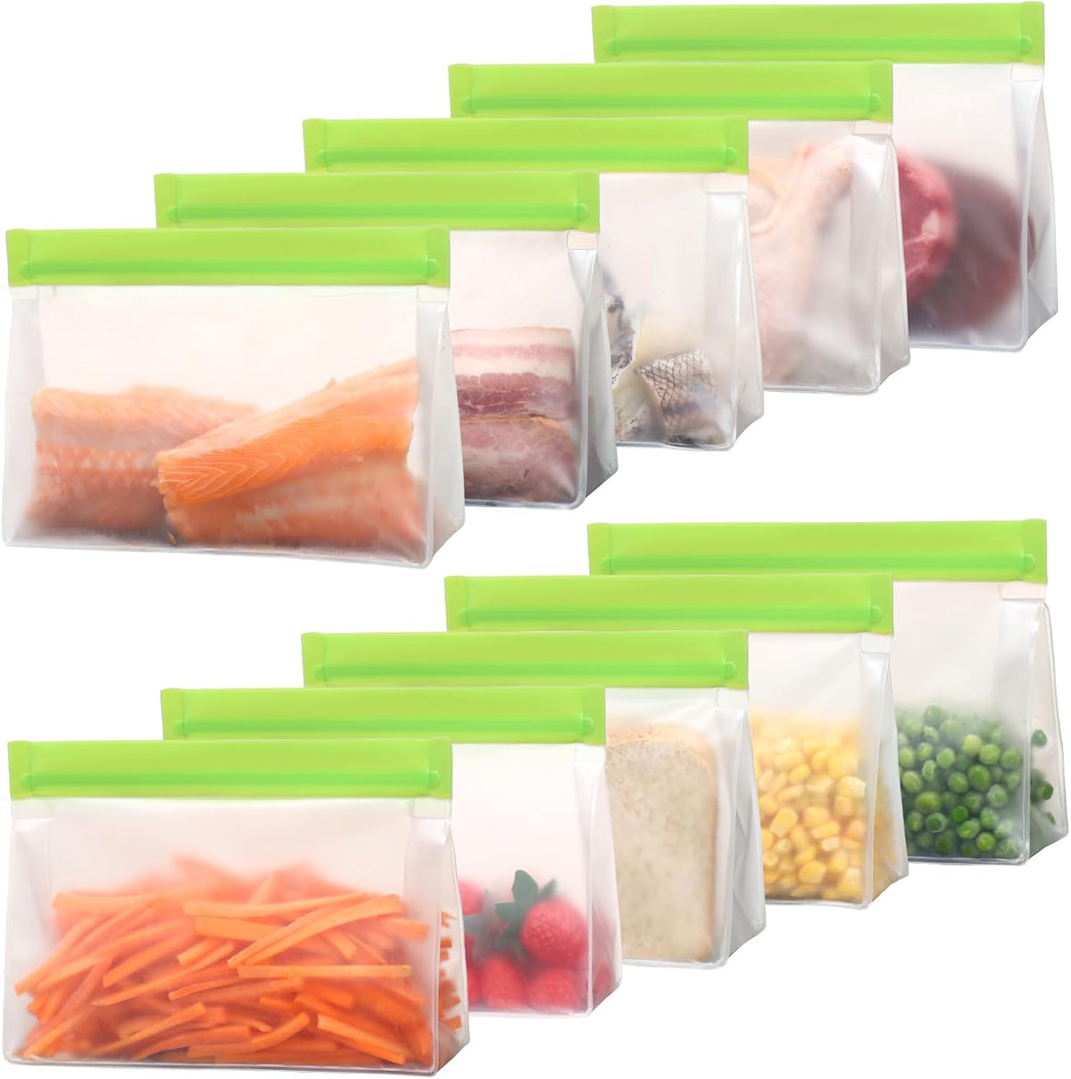 iSPECLE Reusable Sandwich Bags - 10 Pack Food Storage Bags BPA-Free with Stand-Up Bottom and Label, Easy to Get Frozen Meat, Vegetables, Fruit, Leakproof Freezer Bags Keep Food Fresh, Green
