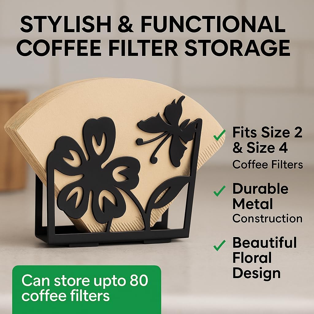 Butterfly napkin holder Set – 2 Pack Black metal napkin holder in the shape of a flower & Coffee filter holder for Kitchen, Dining & Coffee Bar – Fits Everyday, Cocktail Napkins & Filters Size 2 & 4