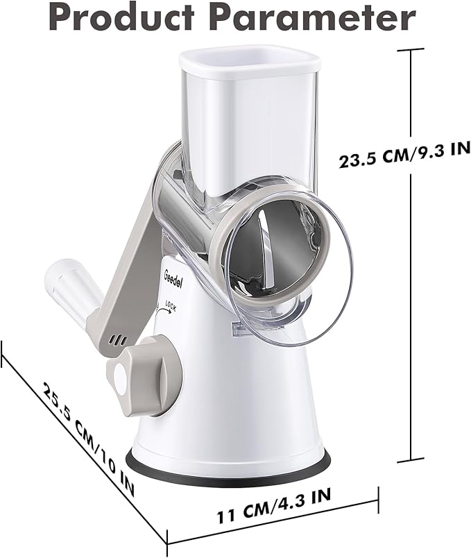 Geedel Rotary Cheese Grater, Kitchen Mandoline Vegetable Slicer with 3 Interchangeable Blades, Easy to Clean Rotary Grater Slicer for Fruit, Vegetables, Nuts