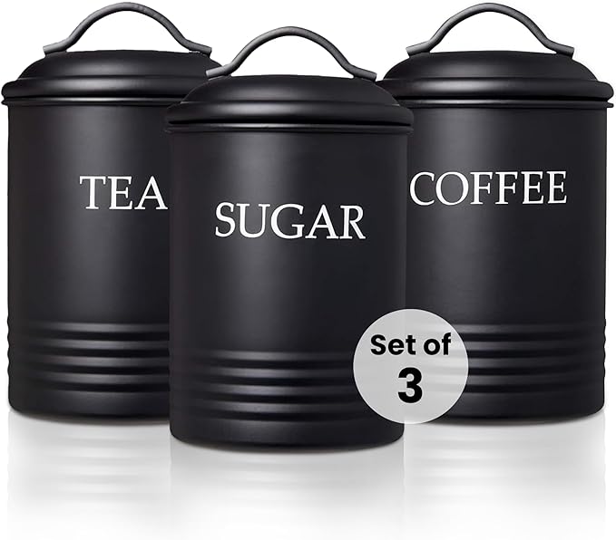 Kitchen Canister Set of 3 Sugar Coffee Tea with lids Food Storage, Black