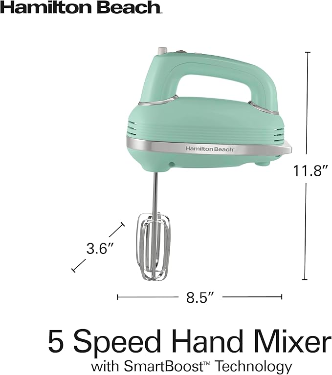 Hamilton Beach Vintage-Style 5-Speed Electric Hand Mixer, Powerful 1.3 Amp DC Motor for Effortless Mixing & Consistent Speed in Thick Ingredients, Slow Start, Beaters and Whisk, Green (62601N)