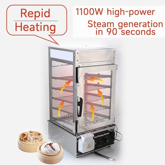 5-Tier Electric Bun Steamer, Commercial Stainless Steel Food Warmer Display with Automatic Temperature Control, for Buns, Baozi, Siomai, Corn, Buffet, Kiosk, Restaurant