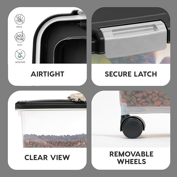 IRIS USA Airtight Dog Food Storage Container, Up to 54 lbs, Attachable Wheels, For Dog Cat Bird and Other Pet Food Storage Bin, Keep Fresh, Translucent Body, Easy Mobility, Black