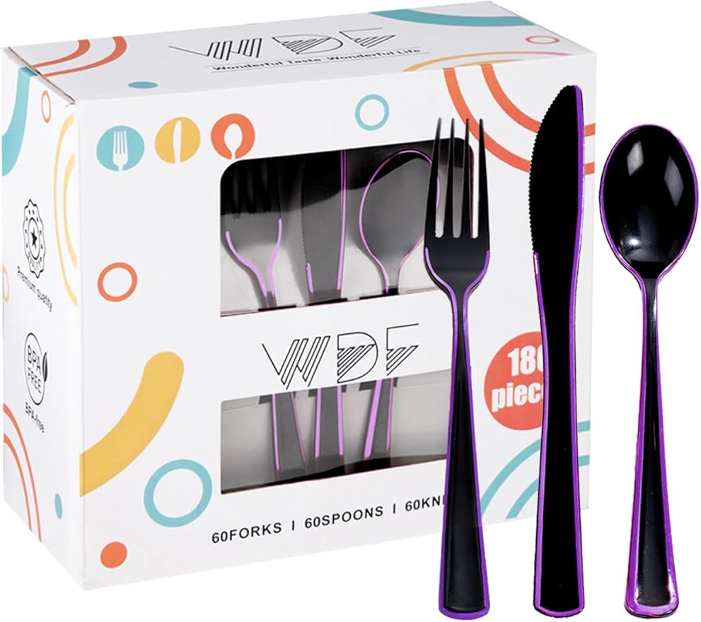 WDF 180 Pieces Black and Purple Halloween Plastic Silverware - Black Flatware Set Include 60 Forks, 60 Knives and 60 Spoons Heavy Duty Plastic Cutlery Purple Utensils for Halloween Party/Birthday