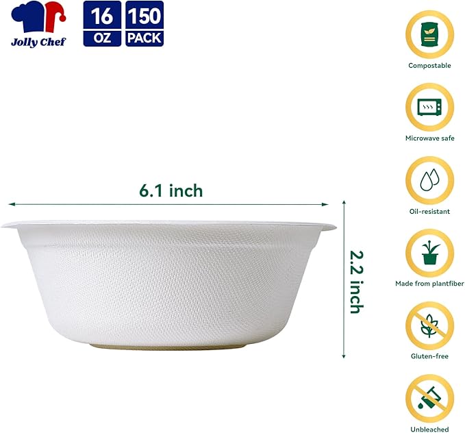 JOLLY CHEF Compostable Disposable Paper Bowl [16 oz] Heavy Duty Soup Containers [150 Pack] Biodegradable Bagasse Hot Cold Food Eco-Friendly Sugarcane Microwavable Bowls for Salad Milk Thanksgiving Day