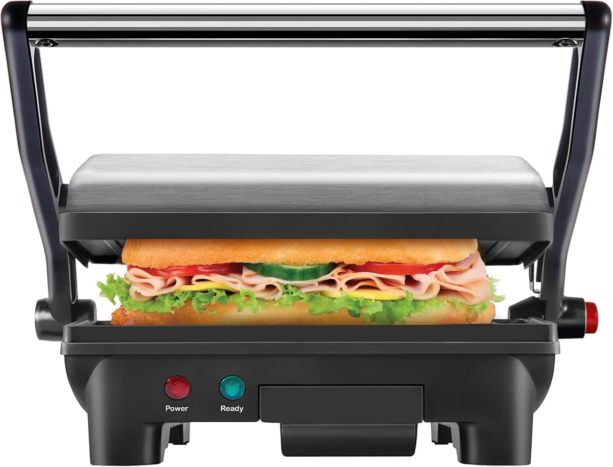 Chefman Electric Panini Press Grill and Gourmet Sandwich Maker w/ Non-Stick Coated Plates, Opens 180 Degrees to Fit Any Type or Size Food, Dishwasher Safe Removable Drip Tray, Stainless Steel/Black
