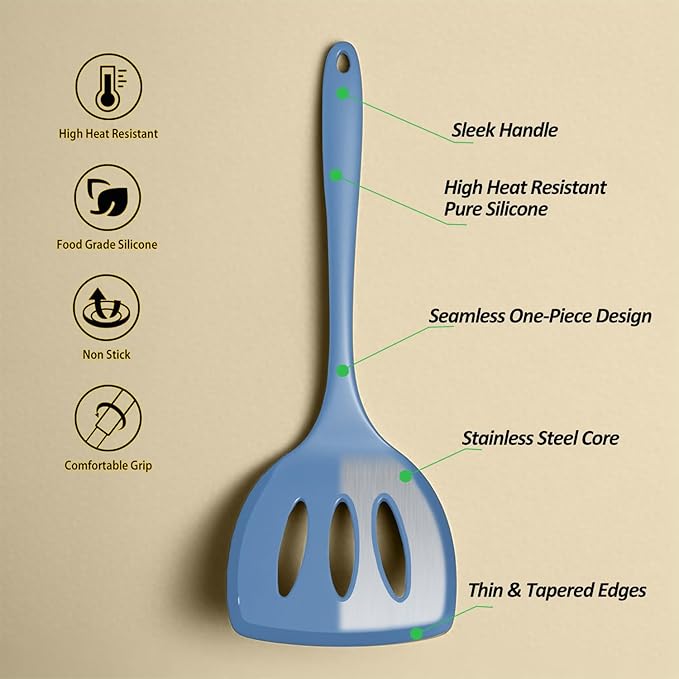 Silicone Pancake Spatula Turner with Lengthened Handle& Seamless Design, Heat Resistant Slotted Flipper for Nonstick Cookware, Large Flexible Kitchen Utensils for Egg, Pancake, Burger, Starry Blue