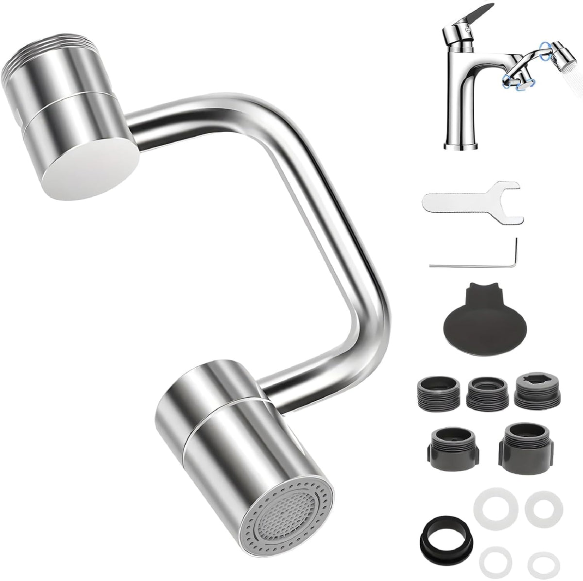 Flexiflow 1080°Rotatable Faucet Aerator, New Rotating Faucet Extender, U Shape Faucet Extender for Bathroom Sink/Kitchen, 2 Sprayer Modes, Multiple Adapters,Universal for Internal/External Thread